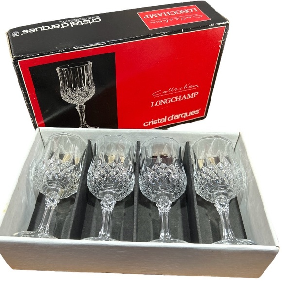 Vintage French D’Arques 4 Longchamp 2oz Crystal Diamond Cut Glasses In Box - Picture 3 of 10